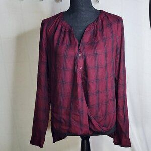 A.N.A. A New Approach Wine Black Plaid Long Tab Sleeve Button Up Faux Wrap Top S